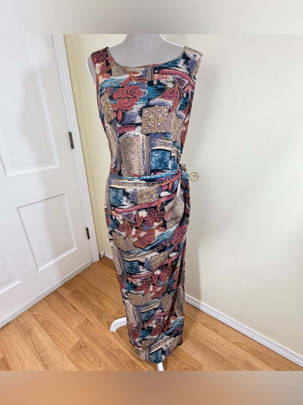 Vintage 90s CDC Caren Desiree Maxi Dress 12 Faux Wrap Patchwork Floral Rayon USA